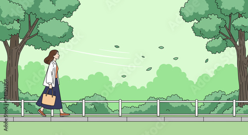 A woman walks along a paved path in a park with trees and green foliage, while leaves blow in the wind.