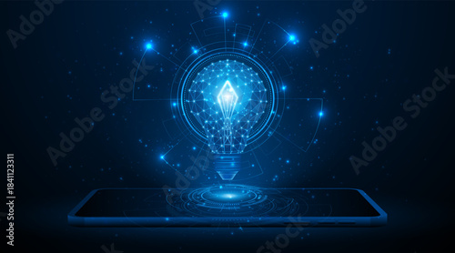 Electric or creative light bulb on tablet or smartphone. Global internet connection concept for business. advanced digital technology	
