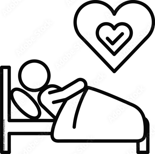Person sleeping in bed with heart icon and checkmark, representing health, rest, and well-being.
