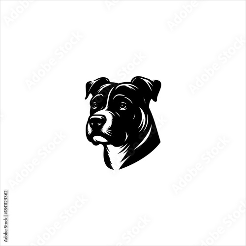 Pitbull head silhouette shaped into a strong black vector emblem design. Animal icon concept