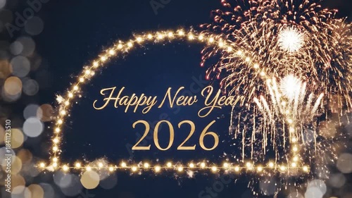 Festive new year greeting with fireworks and illuminated text on dark background