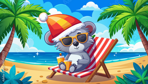 Cute koala bear wearing a festive Santa hat and stylish sunglasses, relaxing on a colorful beach chair at a sunny tropical shoreline, creating a fun and cheerful Christmas vacation vibe
