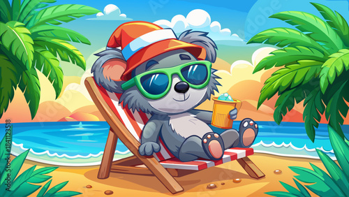 Adorable koala lounging on a beach chair, wearing a Santa hat and cool sunglasses, set against a bright tropical coast, blending Christmas cheer with sunny vacation fun