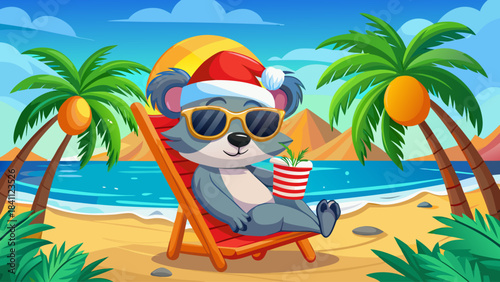 Cute koala bear wearing a festive Santa hat and stylish sunglasses, relaxing on a colorful beach chair at a sunny tropical shoreline, creating a fun and cheerful Christmas vacation vibe