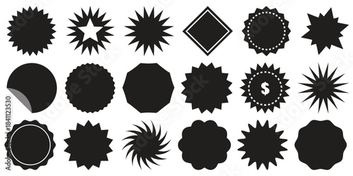 Set of sale stickers, price tags, starburst shapes, quality marks, sunburst badges, and retro star elements. Flat vector design collection featuring starburst speech bubbles. Vector illustration.