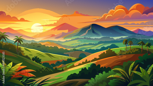 Vibrant panoramic artwork featuring a glowing orange sunset illuminating the foothills of Monteverde, Santa Elena, Costa Rica, highlighting tranquil highland scenery and soft atmospheric light