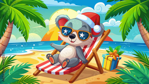 Adorable koala lounging on a beach chair, wearing a Santa hat and cool sunglasses, set against a bright tropical coast, blending Christmas cheer with sunny vacation fun