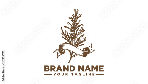 Rosemary herb logo vector illustration for branding, featuring a stylized rosemary sprig with a ribbon banner, perfect for culinary or natural product branding