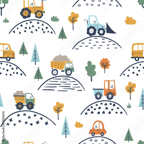 Cute seamless pattern with hand drawn construction cars, hills, trees and bushes. Perfect for kids textiles, wrapping, wallpaper, nursery decor, crafts and playful design projects.