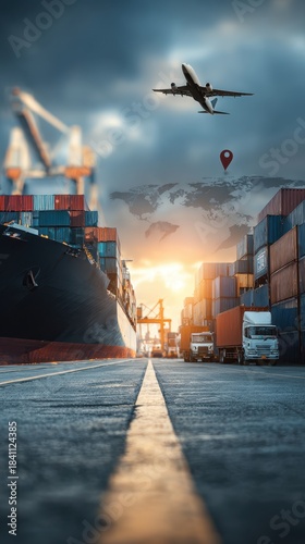High quality photo of Global logistics and international freight transportation with airplane, cargo ship, trucks, and shipping containers