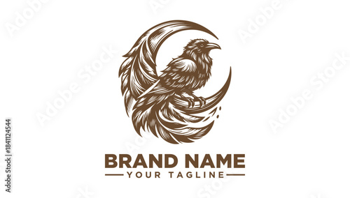 Vintage Raven and Crescent Moon Logo Vector Illustration Elegant detailed artwork for mystical brand identity and graphic design projects
