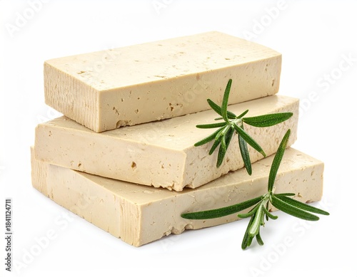 Stacked tofu blocks with rosemary sprigs on white