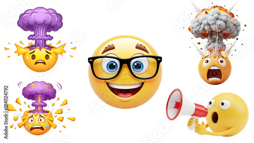 Mind blown, stressed, shouting, and happy nerd emojis expressing various emotions