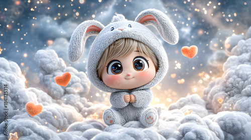 kawaii chibi character phone wallpaper Adorable child in bunny costume, dreamy clouds. pastel anime cute background design adorable cartoon girl chibi art