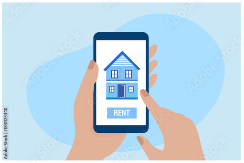 Use rent home app. Buy real estate and pay credit to bank vector illustration