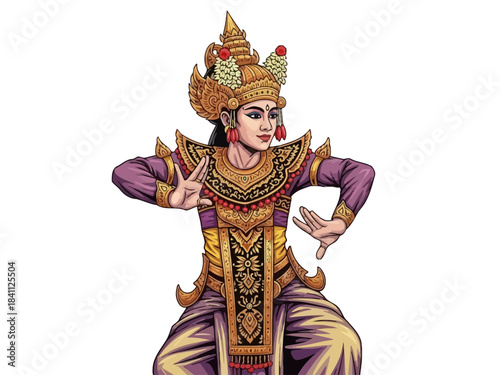 Balinese Dancer in Traditional Costume with Ornate Headdress and Purple Outfit