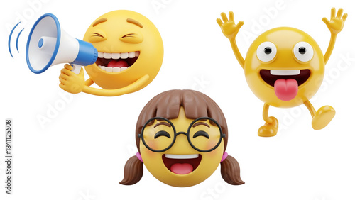 Three animated 3d emoji characters expressing various emotions and communication