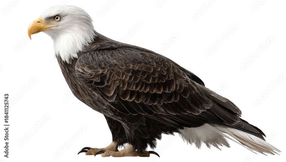 Fototapeta premium Majestic Bald Eagle Standing Proudly Full Body Against a Clean White Background for Artistic and Natural Themes