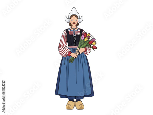 Dutch Woman in Traditional Costume Holding Tulips Bouquet