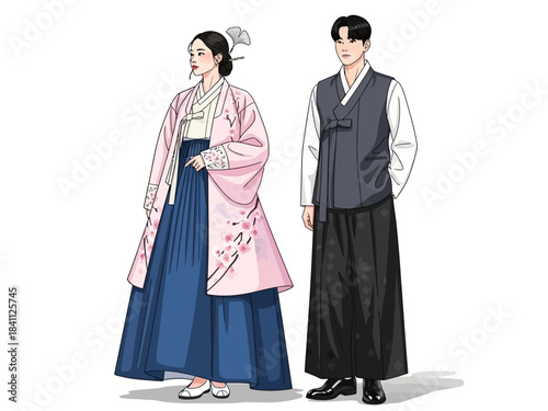 Elegant Couple in Traditional Korean Hanbok Attire, Standing Posed