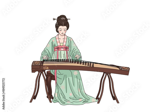 Elegant Woman Playing Guzheng in Traditional Chinese Dress Illustration