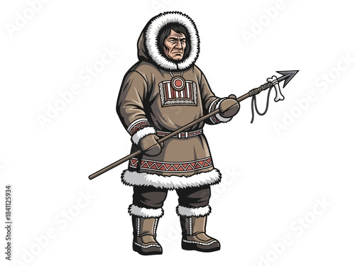 Inuit Hunter with Spear, Fur-Trimmed Hooded Parka, and Traditional Boots