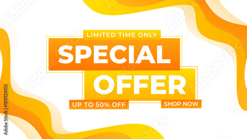 Special offer banner template with orange and white wave background, up to 50% off, suitable for sales promotion, marketing ads, e-commerce, events, social media, web, and pages