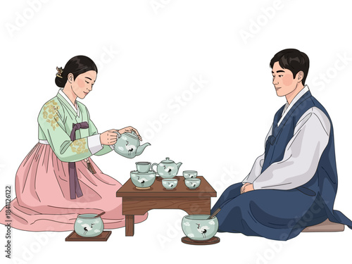 Korean Couple in Hanbok Enjoying Traditional Tea Ceremony Illustration