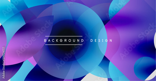 Abstract background features overlapping circles, vibrant blues, purples. Modern design elements create dynamic visual effect.