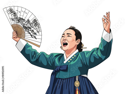 Korean Woman in Hanbok with Fan, Arms Raised, Singing Expression
