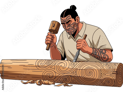 Maori Wood Carver with Facial Tattoo Chiseling Intricate Designs on Log