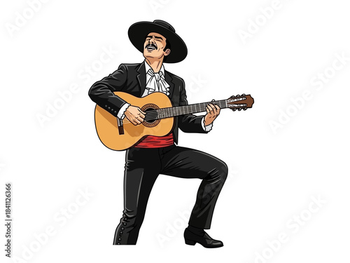 Mariachi Musician Playing Guitar with Black Suit and Hat