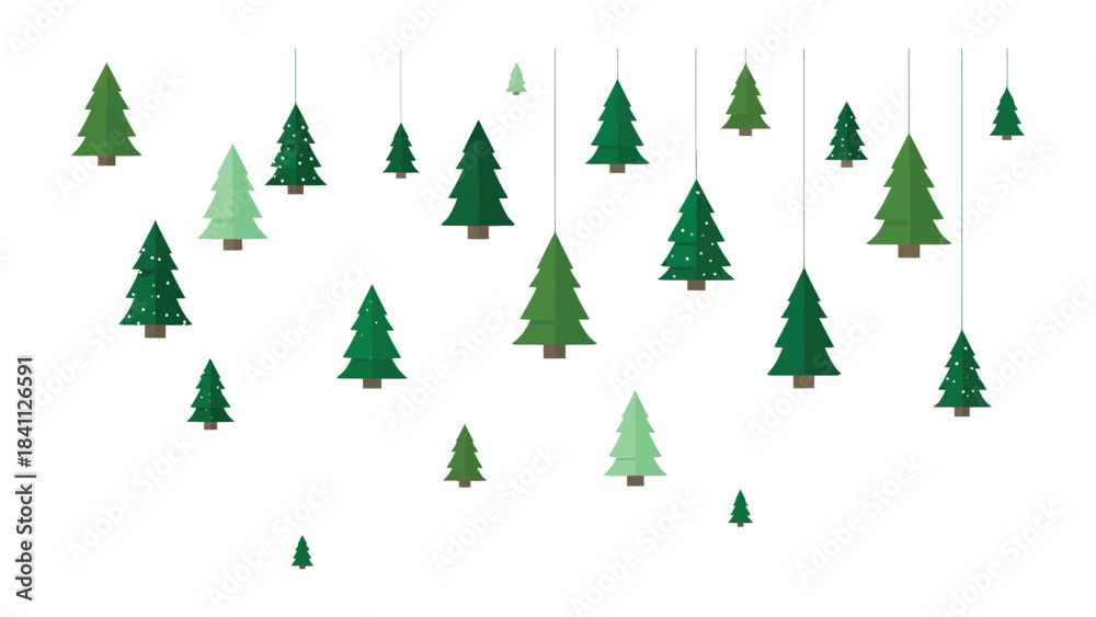 Obraz premium Evergreen Arrangement: A whimsical arrangement of green evergreen trees, elegantly suspended, offers a modern take on holiday decor, perfect for adding a touch of nature and festive cheer.