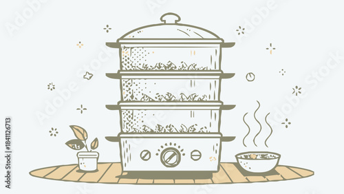 Electric Food Steamer with Stackable Baskets Silhouette Vector Icon for Healthy Cooking and Meal Preparation