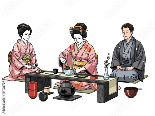 Traditional Japanese Tea Ceremony with Kimono-Clad People and Tea Utensils