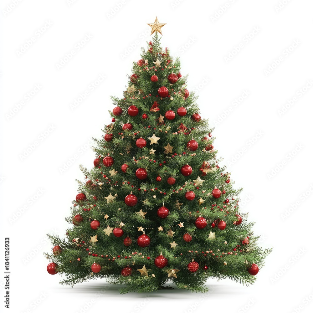 Fototapeta premium Traditional Green Pine Christmas Tree Richly Decorated with Red Ornaments and Golden Stars on a White Background