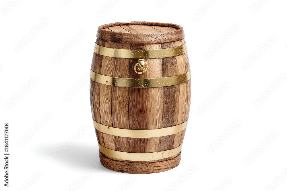 Obraz premium Wooden Rain Barrel with Brass Accents Standing Upright on Standard Scale for Decorative or Practical Use