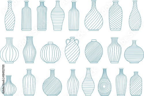 Stylized ceramic vases in diverse shapes and patterns, decorative pottery collection, minimal design, artistic home decor - flat vector illustration