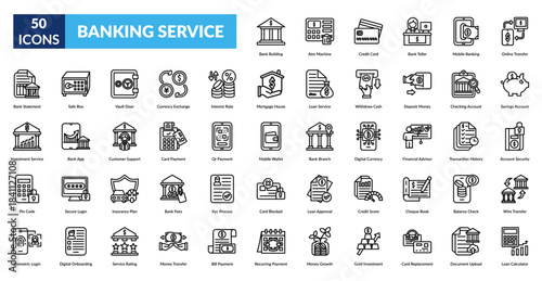 Banking Service Line Icon Set. Bank Building, Atm Machine, Credit Card, Teller Counter, Mobile Banking App, Online Money Transfer, Savings Account