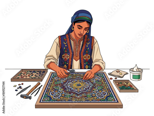 Woman Creating Intricate Mosaic Art with Colorful Tiles and Tools