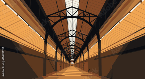 A long, empty industrial hall with a high arched roof and skylights, creating a vast perspective of an old warehouse or factory interior.