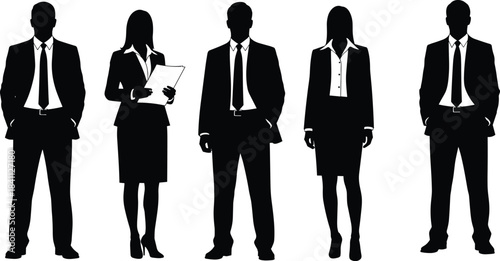 Business professionals in formal attire, standing poses, corporate team concept, silhouette illustration, workplace diversity - flat vector illustration