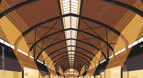 A magnificent, long arched ceiling with numerous skylights illuminates a grand, spacious interior hall, showcasing impressive architectural design.