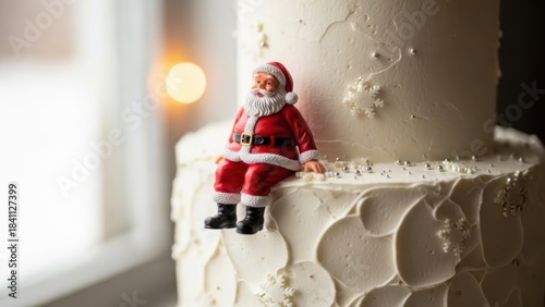 Cozy tiered white Christmas cake with textured buttercream petals, delicate snowflakes and adorable sitting Santa figurine by the window, charming festive dessert for intimate winter holiday celebrate