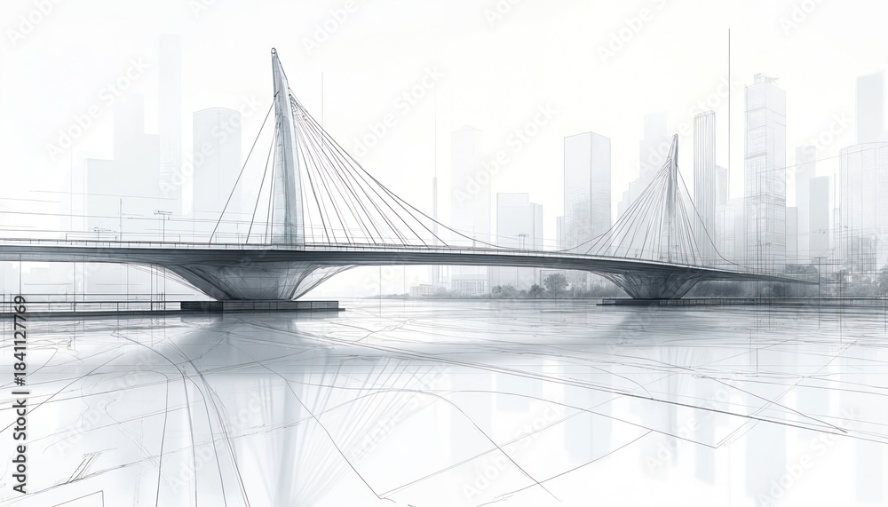 Fototapeta premium Wireframe sketch shows modern cable-stayed bridge design over water body with city skyline. Blueprint illustrates engineering project and urban infrastructure concept.