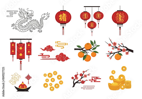 Lunar New Year Festive Elements Dragon, Lanterns, and Prosperity