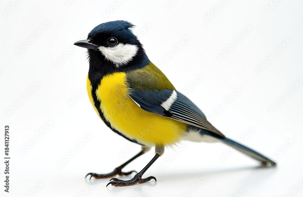Fototapeta premium Close up of great tit bird on plain white background. Small wild bird vibrant yellow, blue plumage. Facing left, showing black head, white cheeks. Feathered body details visible.