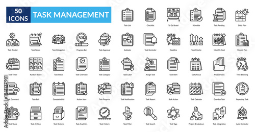 Task Management Line Icon Set. Task List, Checklist, To Do Board, Schedule, Pending Task, Daily Plan, Weekly Plan