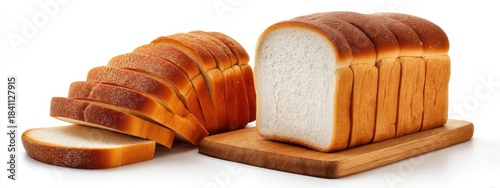 Realistic Sliced White Bread Loaf on Wooden Board with Portions Cut for Bakery or Culinary Use