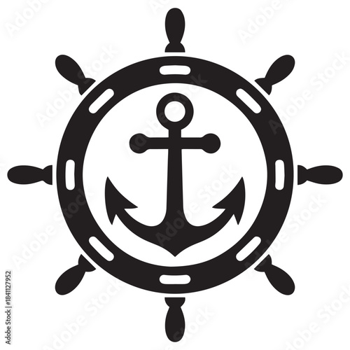 Nautical anchor and ship wheel emblem symbol